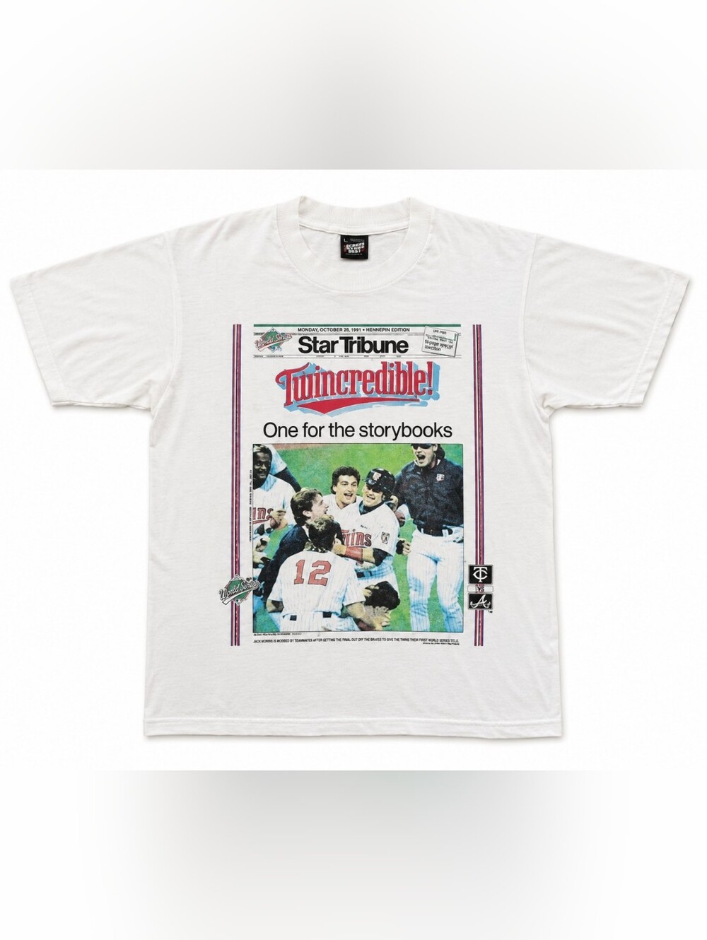 Vintage 1991 Minnesota Twins World Series Champions Star Tribube Newspaper Tee
